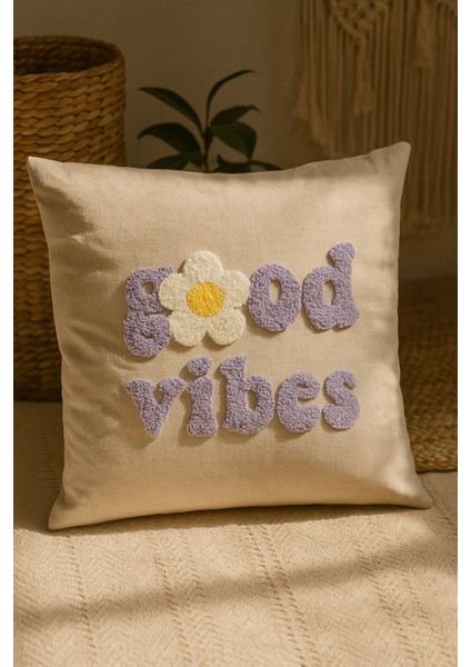 Mor Good Vibes Yazılı Desenli Punch Kırlent Yastık Kılıfı