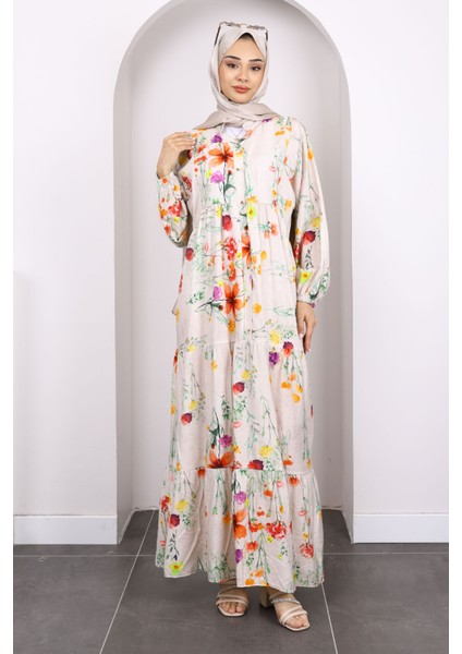 Yavruağzı Yarım Düğmeli Eteği Katlı Desenli Elbise