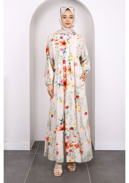 Yavruağzı Yarım Düğmeli Eteği Katlı Desenli Elbise fiyatları