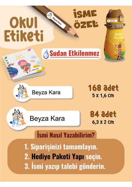 Okul Etiketi SUDAN ETKİLENMEZ, Kalem Defter Etiketi Bluei Temalı Özel Isim Yazılabilen Etiket - 252ADET