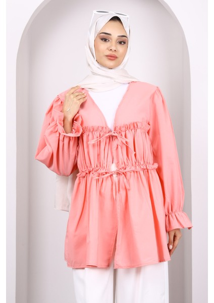 Yavruağzı Ön Bağlamalı Fırfırlı Kimono