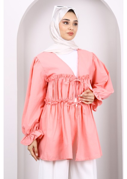 Yavruağzı Ön Bağlamalı Fırfırlı Kimono modelleri