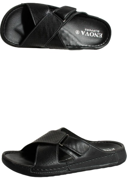 Enova Erkek Suni Deri Ortopedik Rahat Taban Ayarlanabilen Cırtlı Dikişli Şık Ev Dışarı Terliği