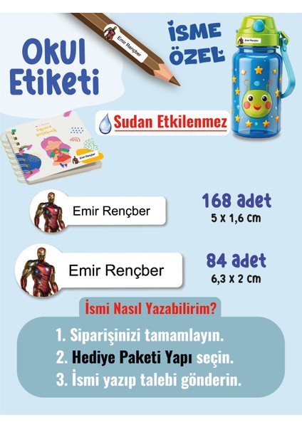 Okul Etiketi SUDAN ETKİLENMEZ, Kalem Defter Etiketi Demir Adam Temalı Özel Isim Yazılabilen Etiket - 252ADET