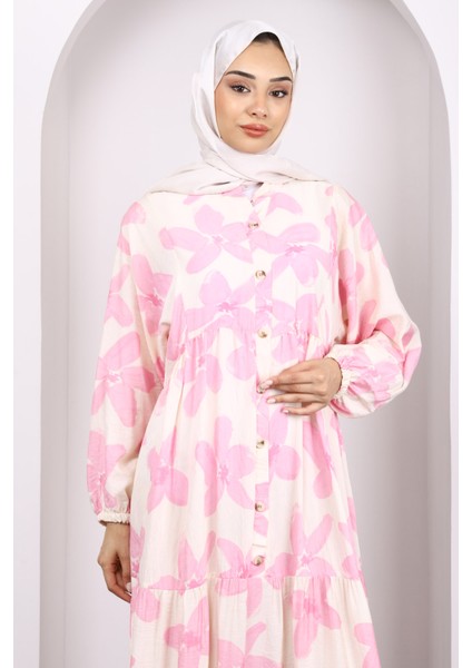 Pembe Yarım Düğmeli Eteği Katlı Desenli Elbise modelleri