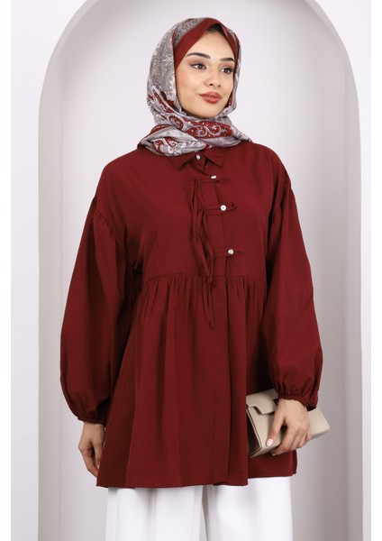 Bordo Kol Lastikli Ön Düğmeli Tunik