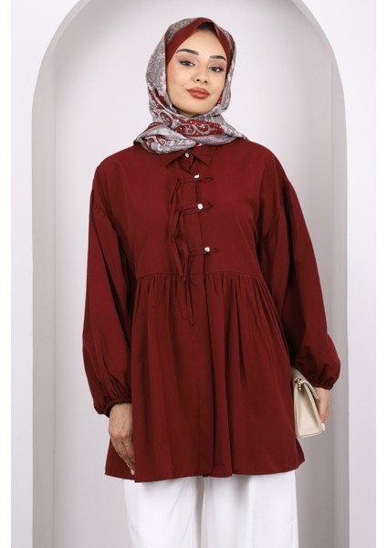 Bordo Kol Lastikli Ön Düğmeli Tunik modelleri