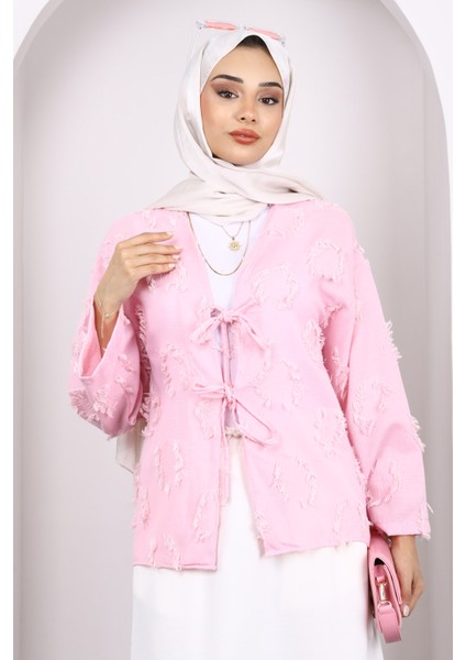 Pembe Ön Bağlamalı Püsküllü Kimono