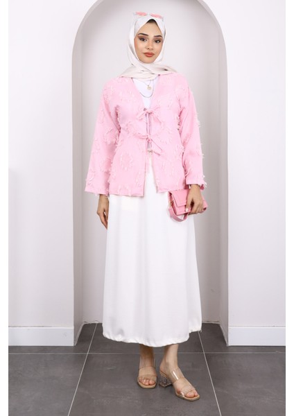Pembe Ön Bağlamalı Püsküllü Kimono fiyatları