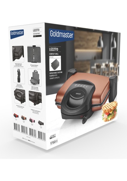 Lezzito Gold 1750 Watt Granit Çıkarılabilir Plakalı 5 Kademe Isı Ayarlı Tost ve Izgara Makinesi
