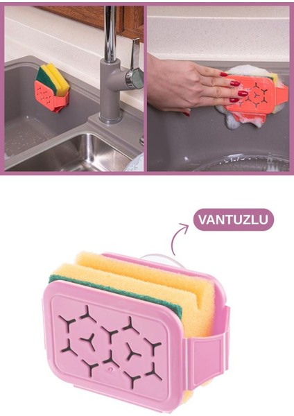 Vantuzlu Süngermatik Bulaşık Süngerliği, Bulaşık Süngeri ve Sünger Askısı Sıkacağı Tutacağı Seti