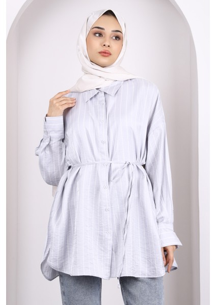 Gri Çizgili Ön Düğmeli Tunik