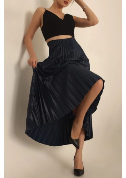 Lacivert Pileli Deri Görünüm Etek 229454