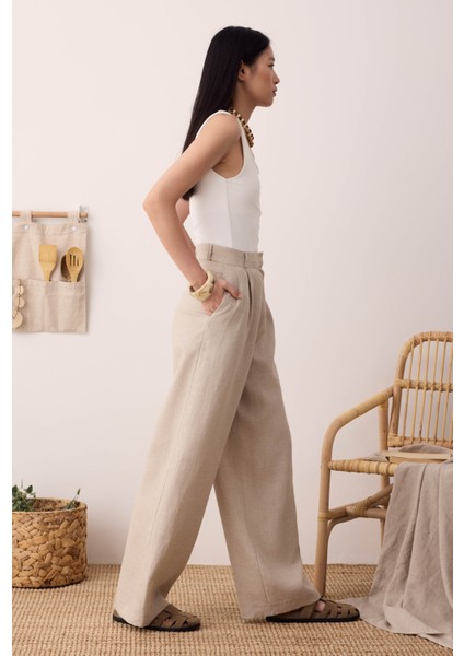 Pileli Basic Keten Pantolon Sedef modelleri