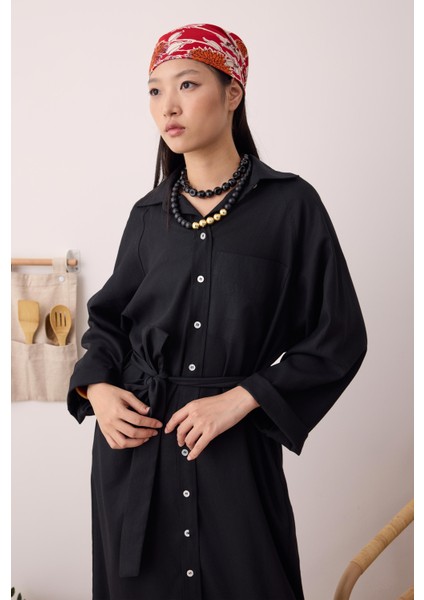 Reglan Kol Keten Elbise Siyah