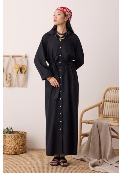 Reglan Kol Keten Elbise Siyah fiyatları