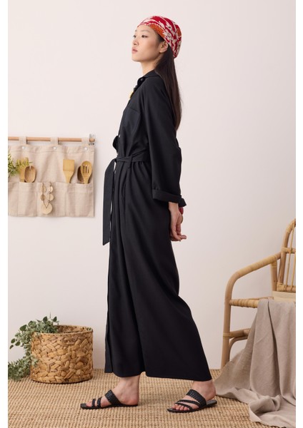 Reglan Kol Keten Elbise Siyah fırsatları