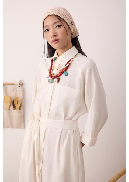 Reglan Kol Keten Elbise Ekru