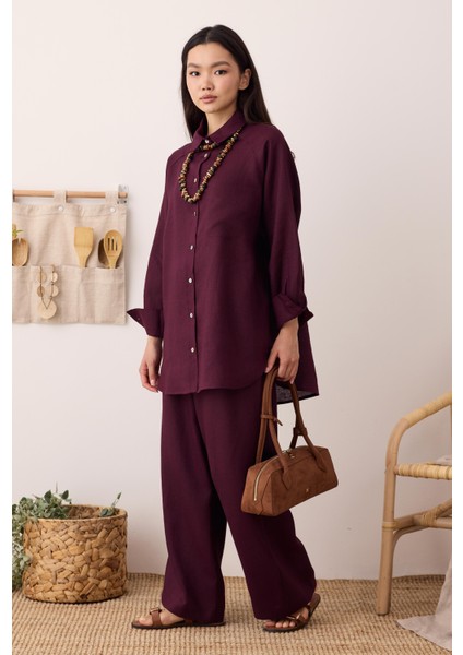 Pileli Basic Keten Pantolon Bordo