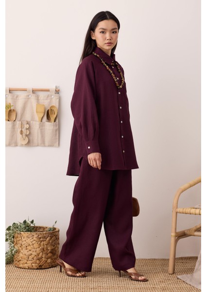 Pileli Basic Keten Pantolon Bordo fiyatları