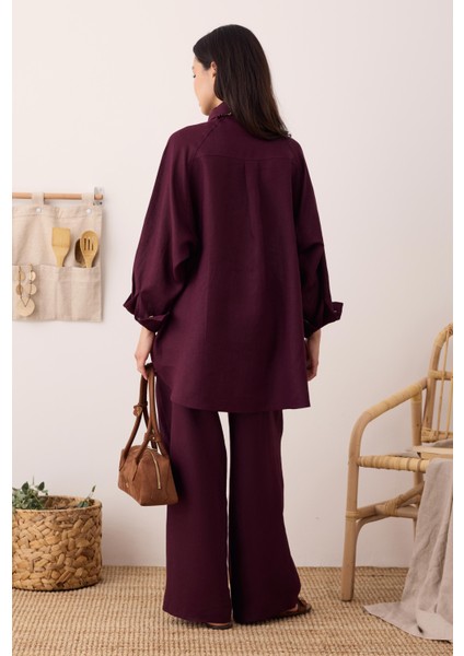 Pileli Basic Keten Pantolon Bordo modelleri