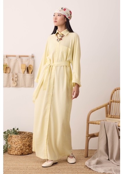 Reglan Kol Keten Elbise Soft Sarı fırsatları