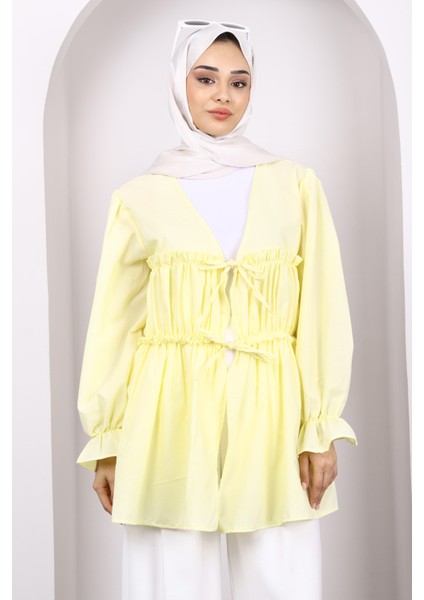 Sarı Ön Bağlamalı Fırfırlı Kimono