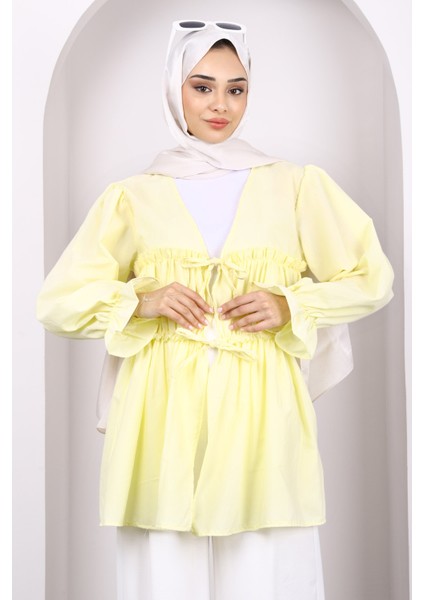 Sarı Ön Bağlamalı Fırfırlı Kimono modelleri