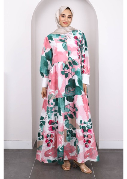 Yeşil Desenli Yarım Düğmeli Elbise