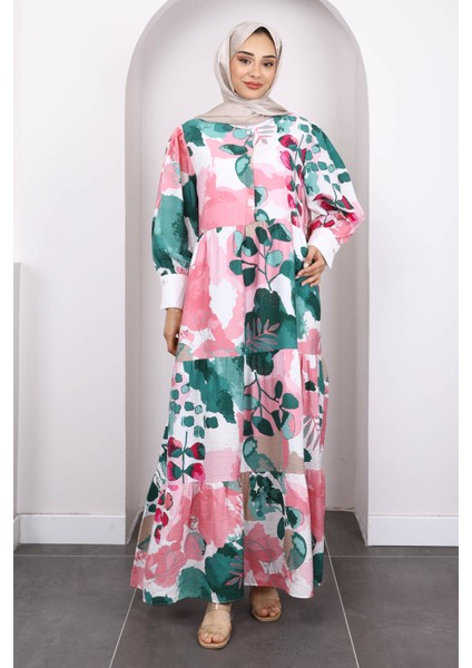 Yeşil Desenli Yarım Düğmeli Elbise fiyatları