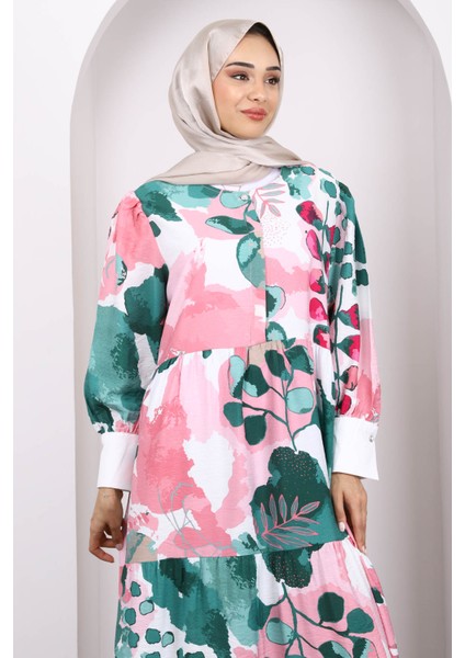 Yeşil Desenli Yarım Düğmeli Elbise modelleri