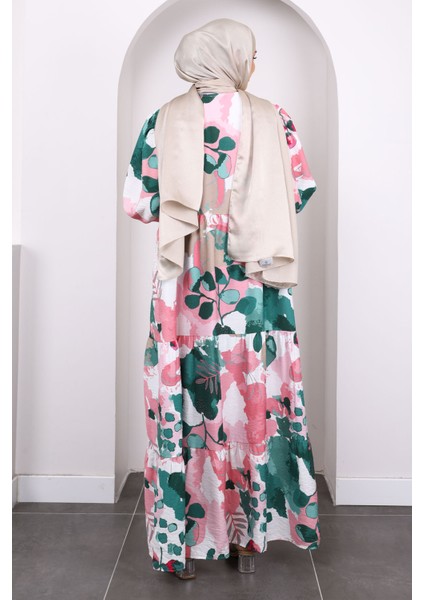 Yeşil Desenli Yarım Düğmeli Elbise fırsatları