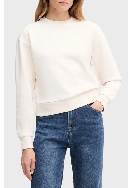 Logo Baskılı Pamuklu Relaxed Fit Bisiklet Yaka Crop Sweat Bayan Sweat XW001451 AF10830 U1003