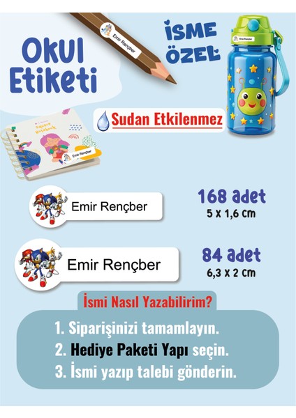 Okul Etiketi SUDAN ETKİLENMEZ, Kalem Defter Etiketi Sonik Temalı Özel Isim Yazılabilen Etiket - 252ADET