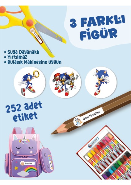 Okul Etiketi SUDAN ETKİLENMEZ, Kalem Defter Etiketi Sonik Temalı Özel Isim Yazılabilen Etiket - 252ADET fiyatları