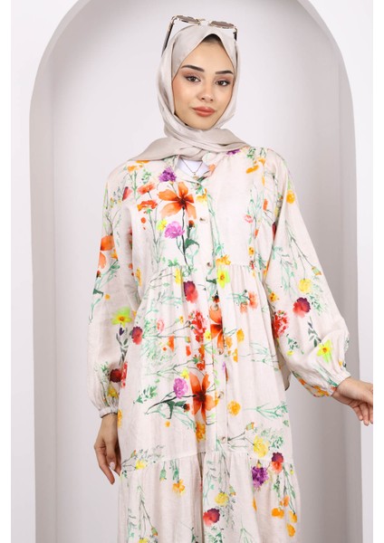 Yavruağzı Yarım Düğmeli Eteği Katlı Desenli Elbise modelleri