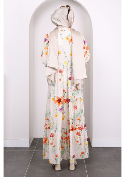 Yavruağzı Yarım Düğmeli Eteği Katlı Desenli Elbise fırsatları