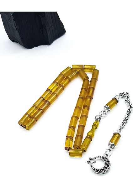 Sarı Hareli Kesme Model Sıkma Ateş Kehribar Tesbih