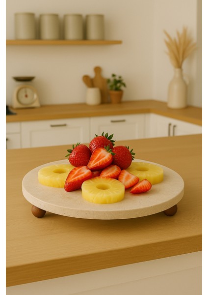 Traverten 30 cm Ahşap Boncuk Ayaklı Sunumluk