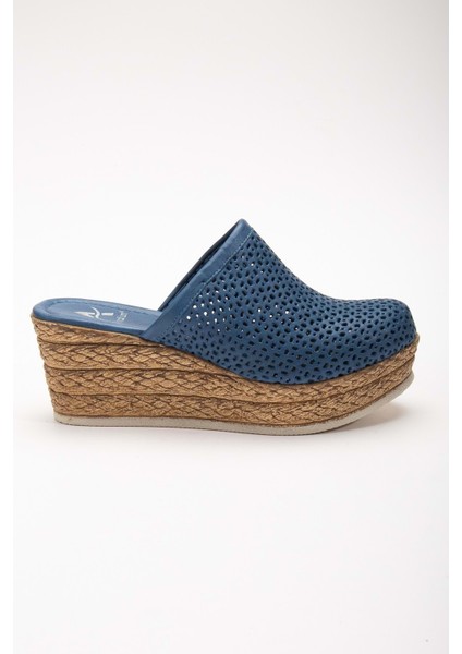 Kadın Hakiki Deri Burnu Kapalı Dolgu Topuk Terlik Kot Mavi fiyatları