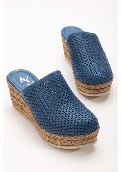 Kadın Hakiki Deri Burnu Kapalı Dolgu Topuk Terlik Kot Mavi modelleri