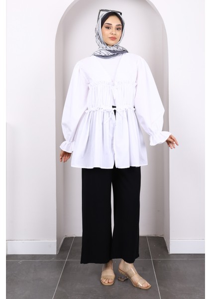 Beyaz Ön Bağlamalı Fırfırlı Kimono fiyatları