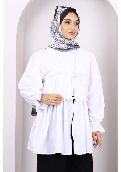 Beyaz Ön Bağlamalı Fırfırlı Kimono modelleri