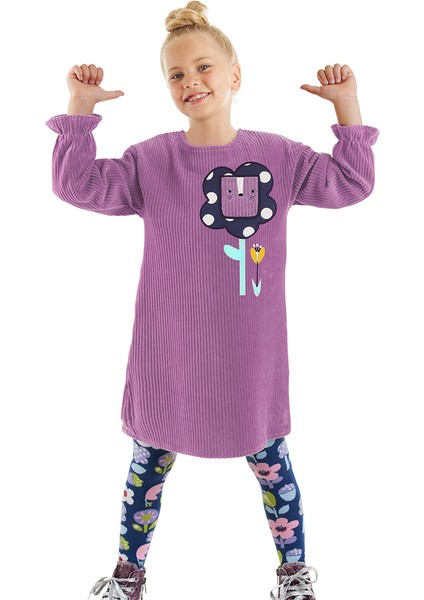 Çiçekli Kız Çocuk Lila Kadife Elbise