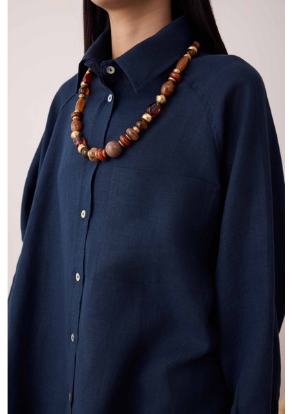 Reglan Kol Basic Keten Gömlek Gece Mavi