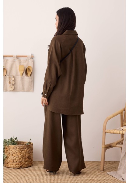 Pileli Basic Keten Pantolon Fındık