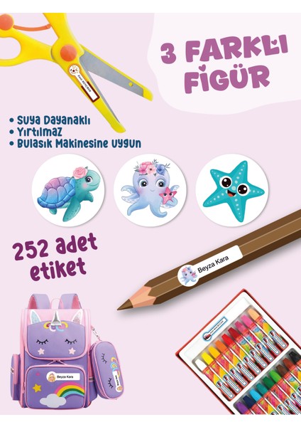 Okul Etiketi SUDAN ETKİLENMEZ, Kalem Defter Etiketi Deniz Canlıları Temalı Özel Isim Yazılabilen Etiket - 252ADET fiyatları