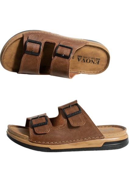 Enova Erkek Suni Deri Ortopedik Çift Monta Taban Ayarlı Tokalı Dikişli Şık Ev Dışarı Terliği