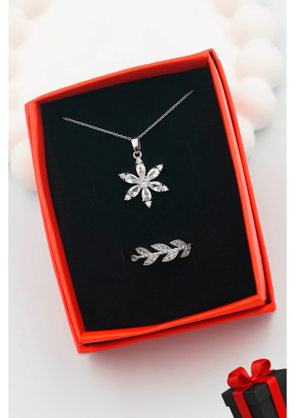Zirkon Taşlı Lotus Çiçeği Model Kadın Kolye ve Yüzük Set (Kutulu)