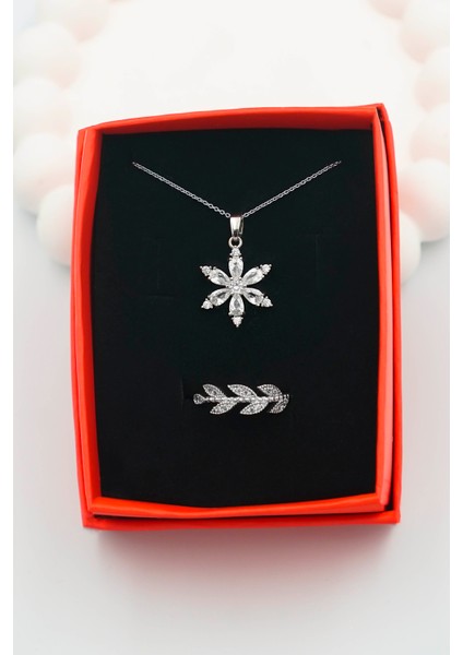 Zirkon Taşlı Lotus Çiçeği Model Kadın Kolye ve Yüzük Set (Kutulu) fiyatları